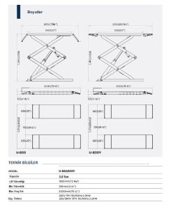 UNITE U-B30-Y 2 Metre/3 TON Makaslı/Havalı Kilit/Kilitli Rampa Lift 380V