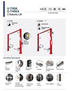 UNITE U-T40EA 2 Sütunlu Üstten Bağlantı Oto Kilitli Lift 380V (TEK SUTUN)