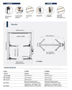 UNITE U-T40EA 2 Sütunlu Üstten Bağlantı Oto Kilitli Lift 380V (1 STN)